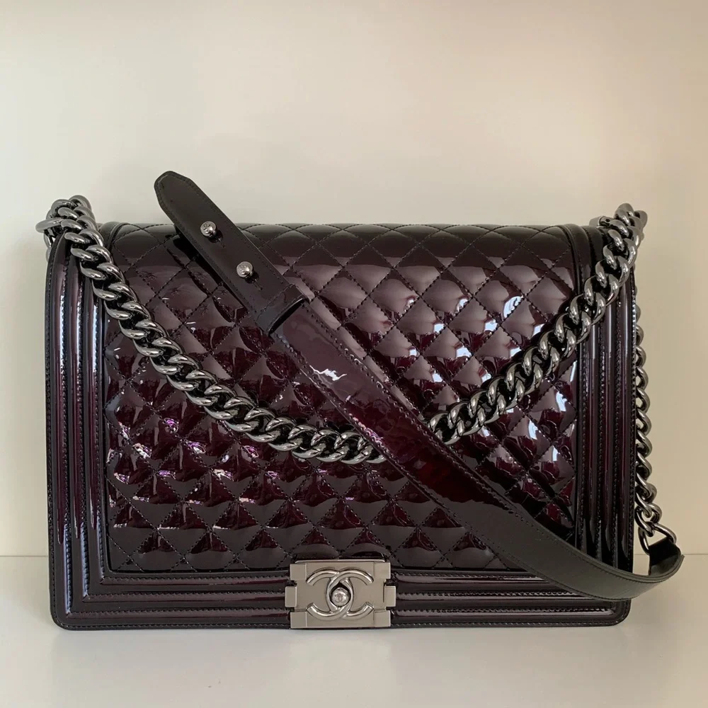 Chanel patent mirrored palladium jumbo le boy bag